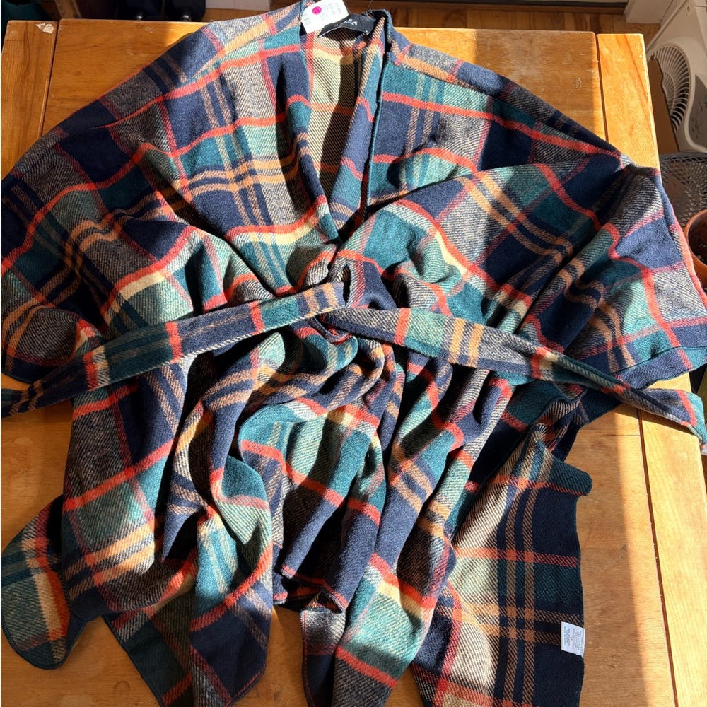 AKIRA Plaid Knit Wrap in Navy, Green & Rust
